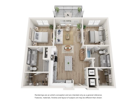 Floor plan for 2 beds, 2 baths, 1085 sqft